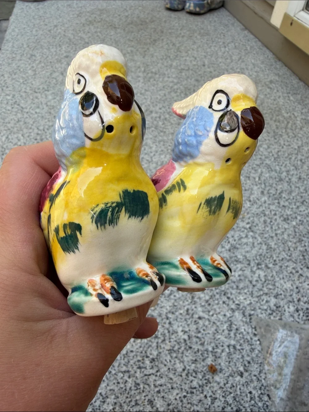 Pair of Ceramic Parakeet Bird salt and pepper shakers in Yellow & Multicolor
